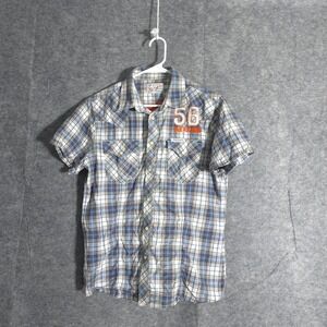 True Religion Plaid Shirt Womens M Orange Short Sleeve Western Style Logo TR Top